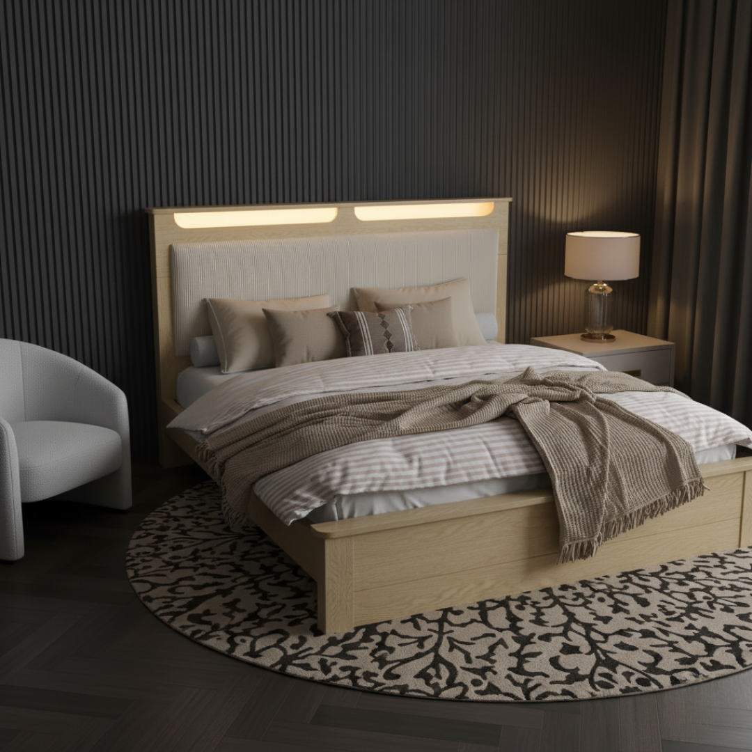 Lit double bois clair et velours avec LED et rangement – Aurora