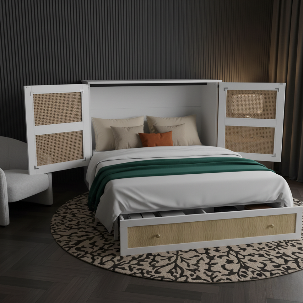 Lit escamotable 140x200 cm rotin et bois avec rangements – Riviera