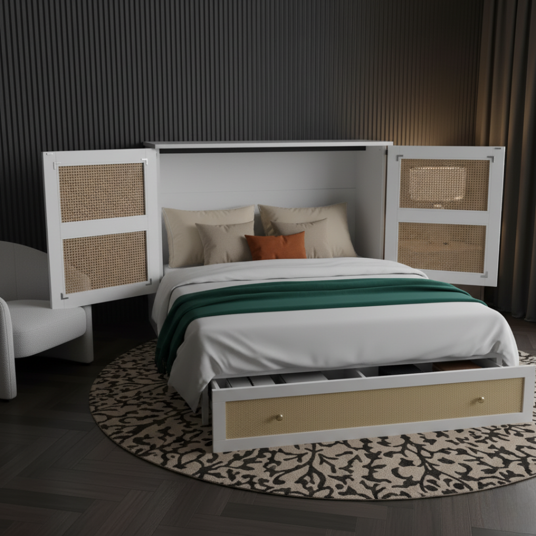 Lit escamotable 140x200 cm rotin et bois avec rangements – Riviera