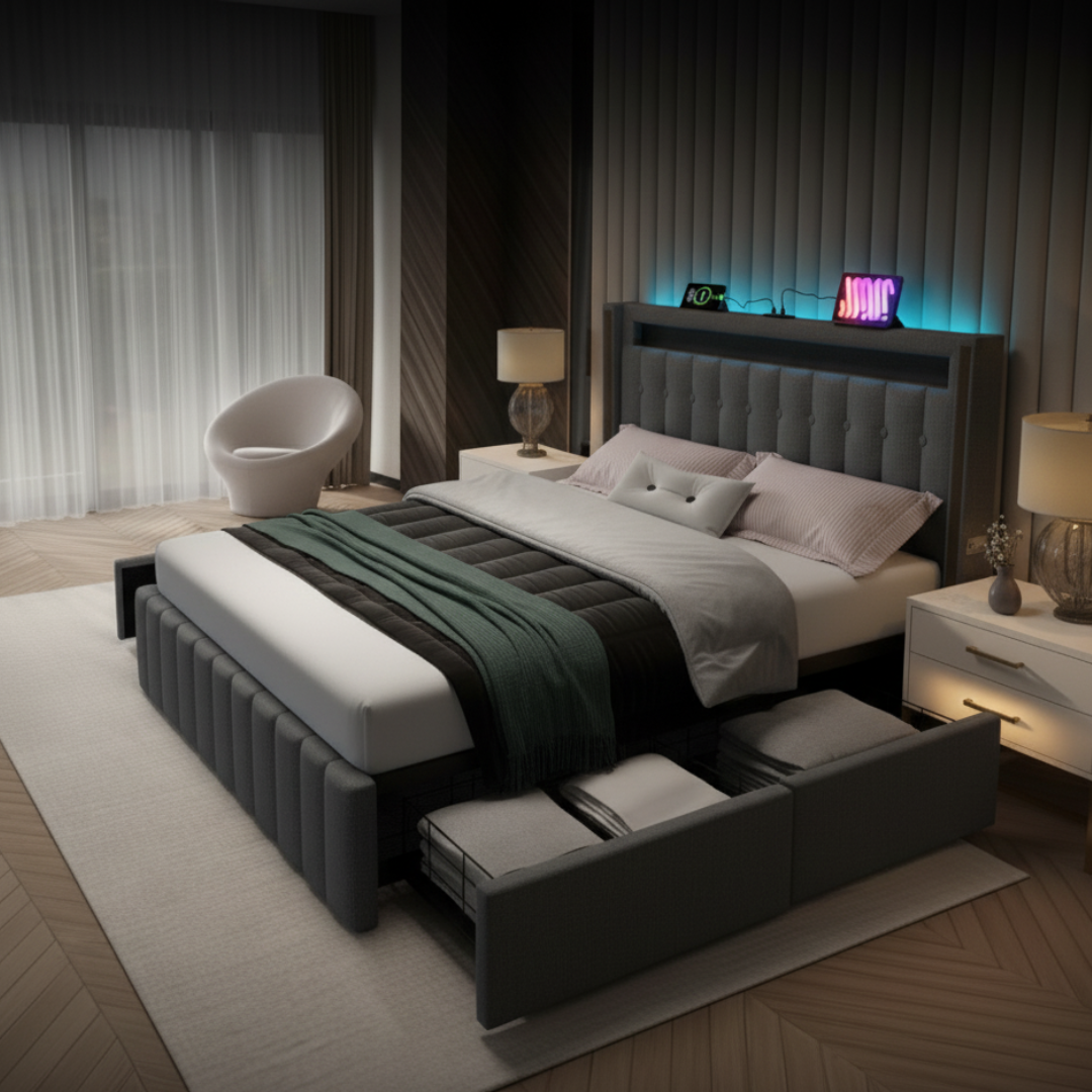 Lit double avec rangement (LED, ports USB) – Halo