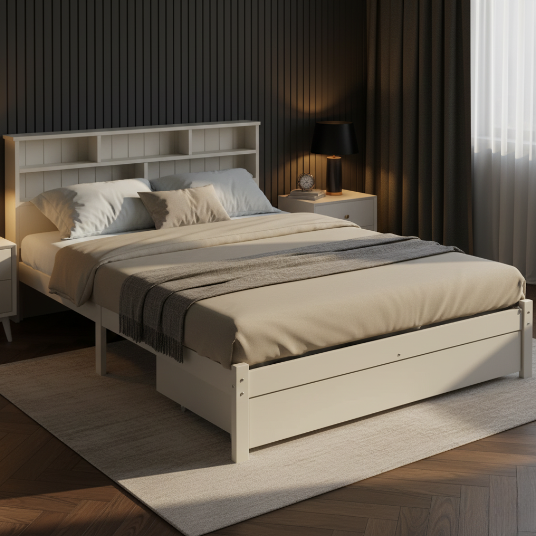 Lit double avec rangement 140x200 cm blanc – Lumière