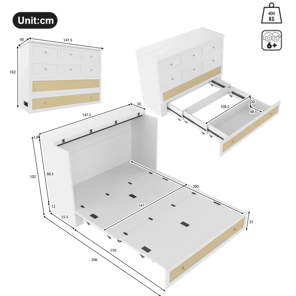 Lit escamotable 140x200 cm avec rangement et ports USB – Nova