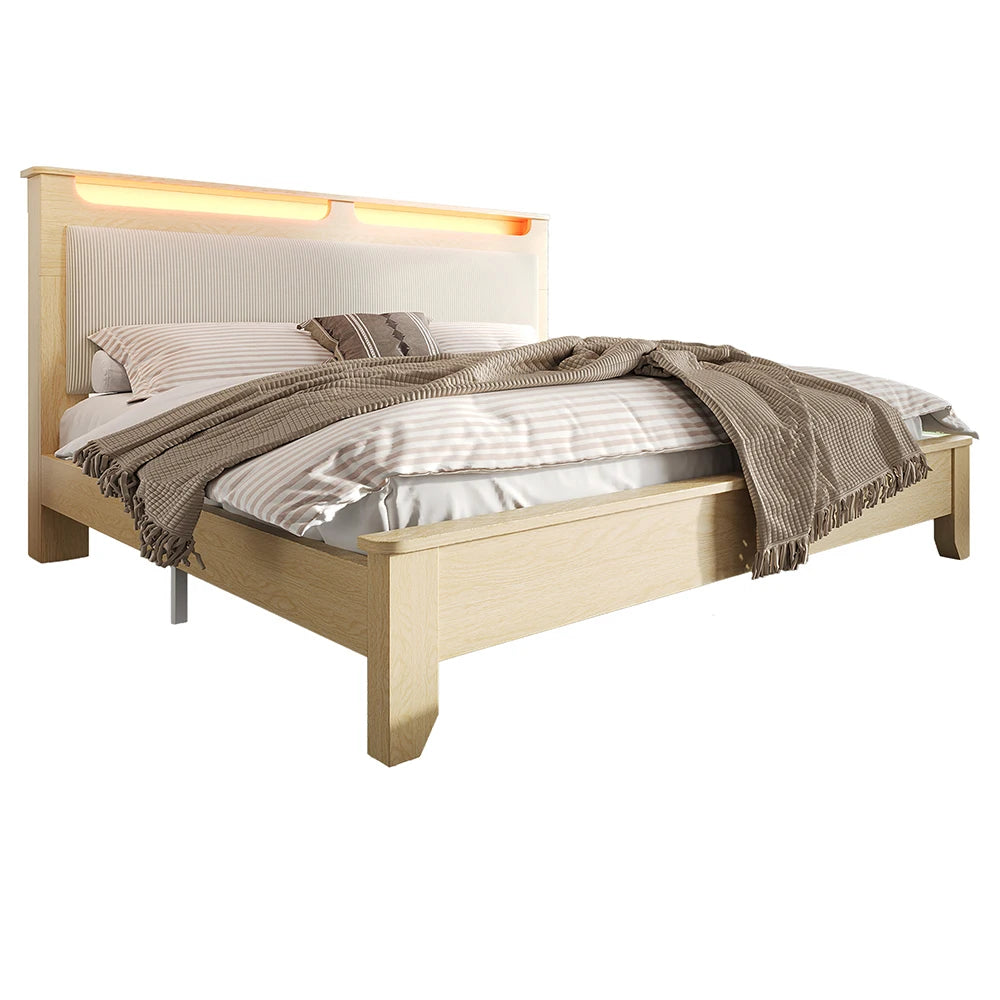 Lit double bois clair et velours avec LED et rangement – Aurora