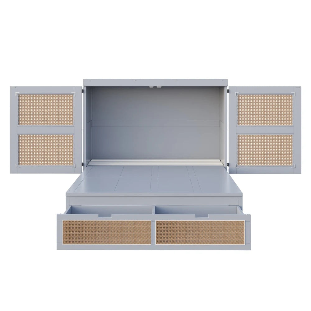 Lit escamotable 140x200 cm rotin et bois avec rangements – Riviera