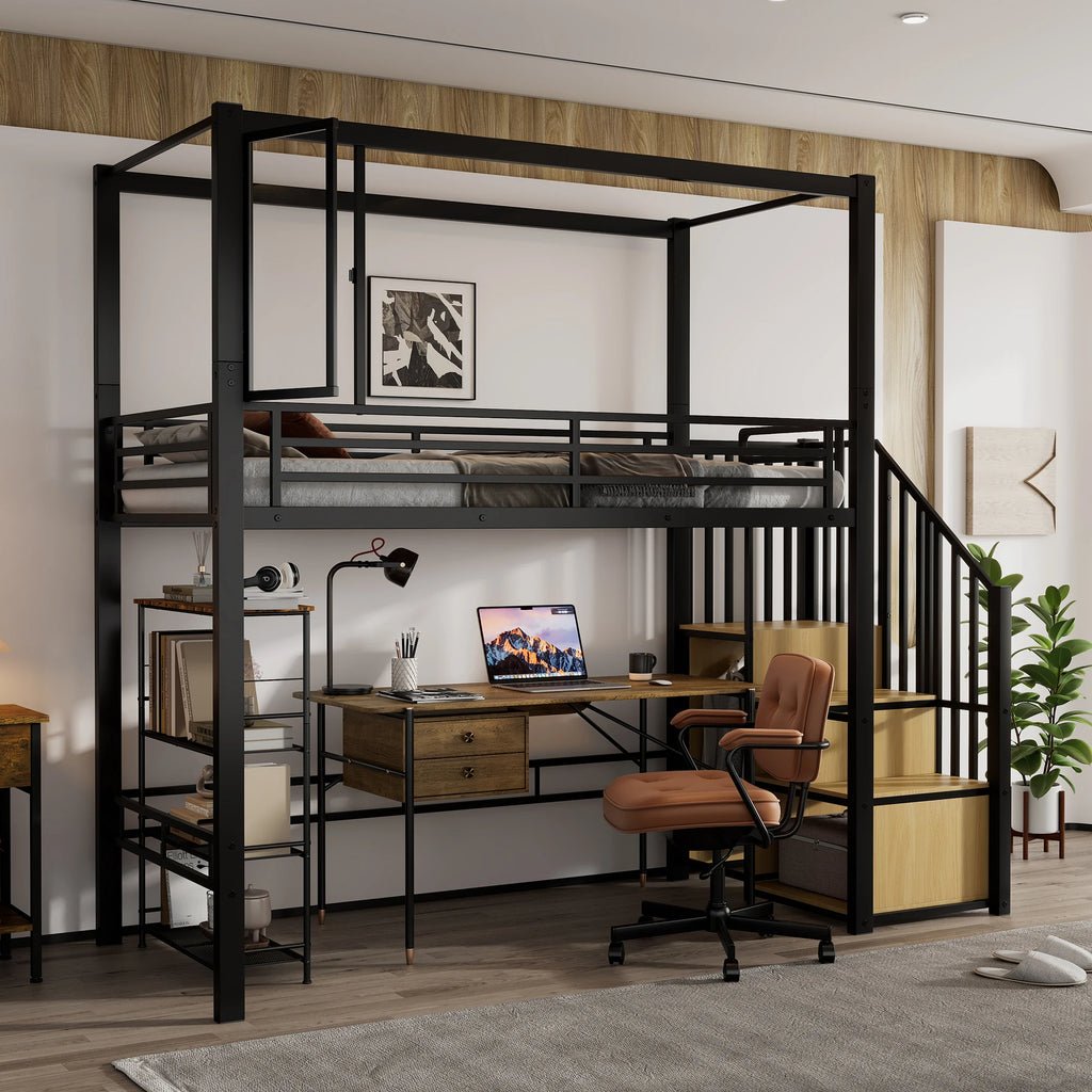 Lit mezzanine 90x200 cm avec escalier et rangement – Nordik