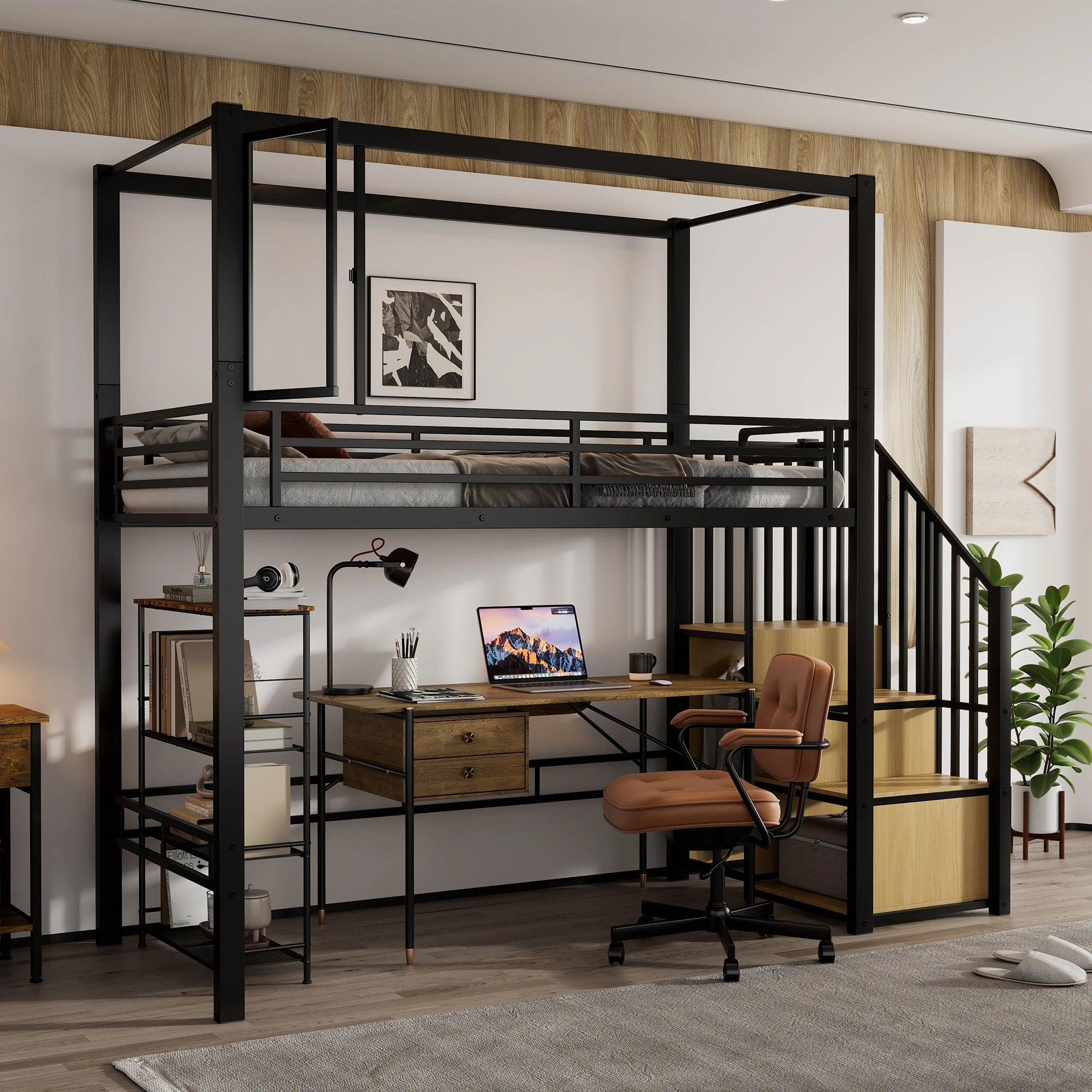 Lit mezzanine 90x200 cm avec escalier et rangement – Nordik