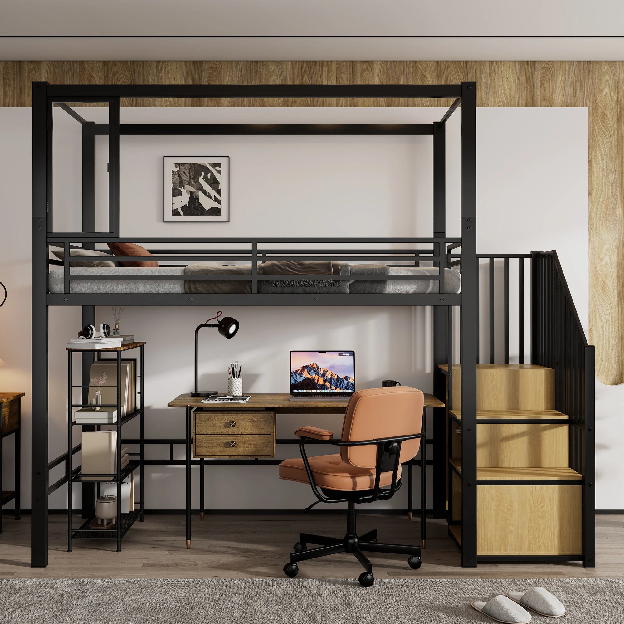 Lit mezzanine 90x200 cm avec escalier et rangement – Nordik