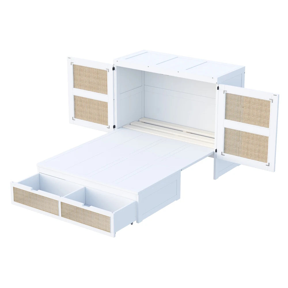 Lit escamotable 140x200 cm rotin et bois avec rangements – Riviera